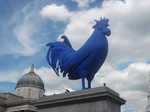 A giant blue chicken statue in Trafalgar Square