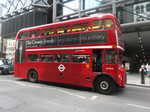 A classic London double decker red bus. There are almost none of these on the streets, having been replaced with more efficient modern ones.