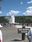 Old Faithful erupting, with many people around