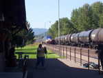 The approaching Amtrak locomotive
