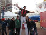 A clown on stilts welcoming us to the pasta dinner