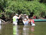 Removing a large tire from the river