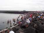 Marathon finishers swimming in Lake Superior