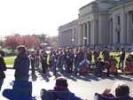 A string ensemble playing along the St. Louis Marathon route